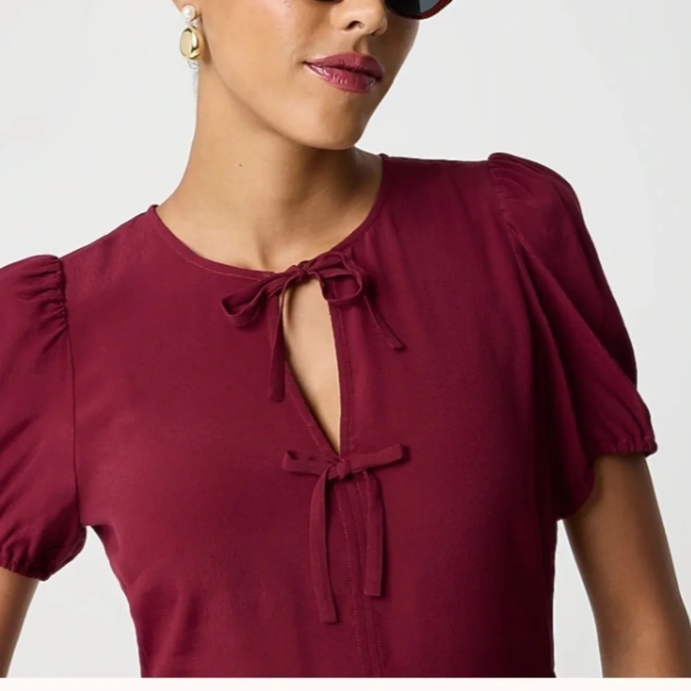 J crew vintage burgundy Tie-front puff-sleeve top